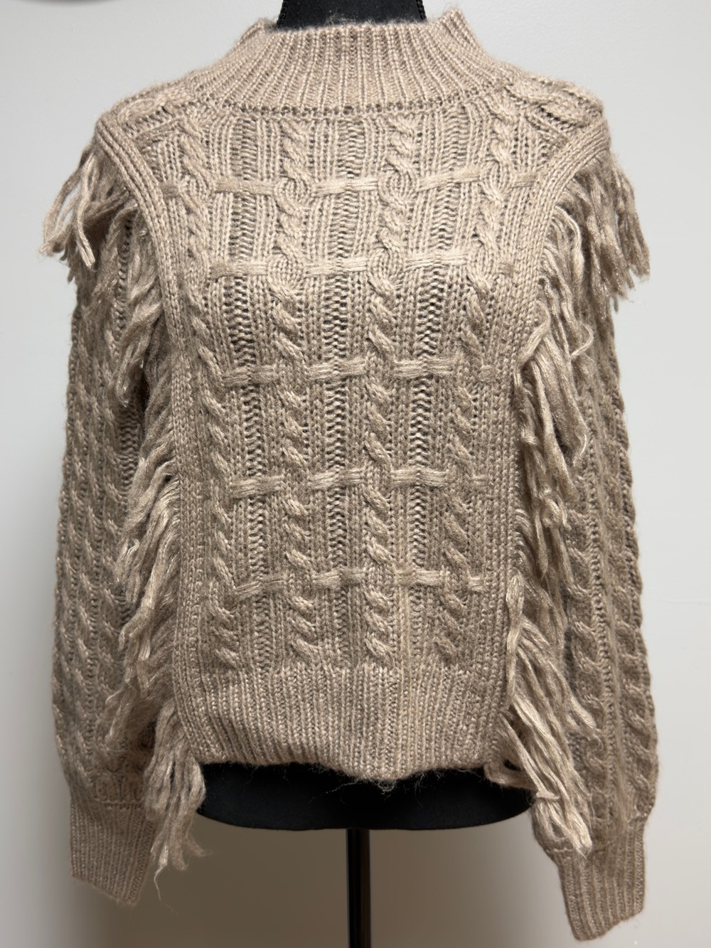 Altar'd State Mock Neck Fringe Cable Knit Sweater Beige Taupe Womens Size Small